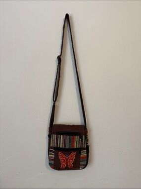 Brown Crossbody Bag with Colorful Stripes and Orange Butterfly